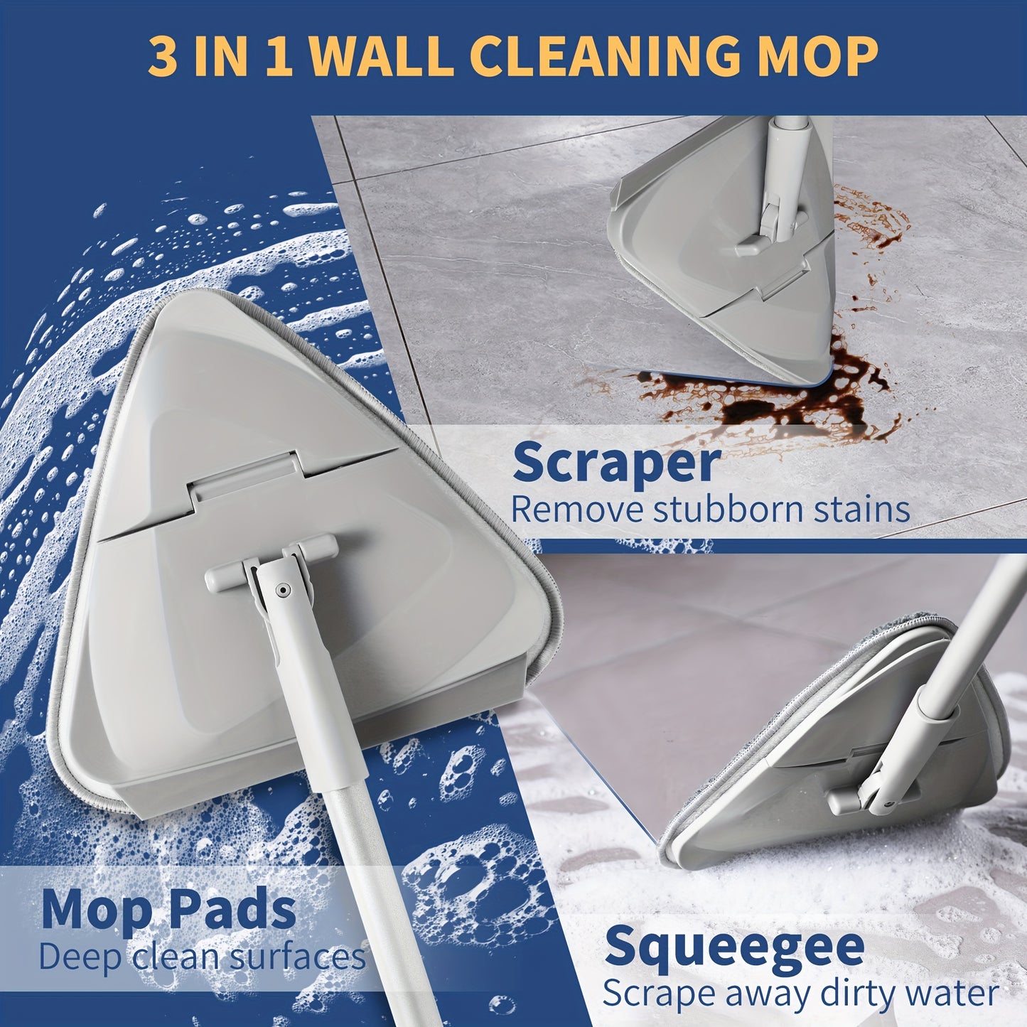 Wall Cleaner Mop with 82 Inches Long Handle, Baseboard Cleaner Tool Duster with Squeegee, Ceiling Cleaning Tool with 6 Replacement Pads for Walls, Window, Floor, gray