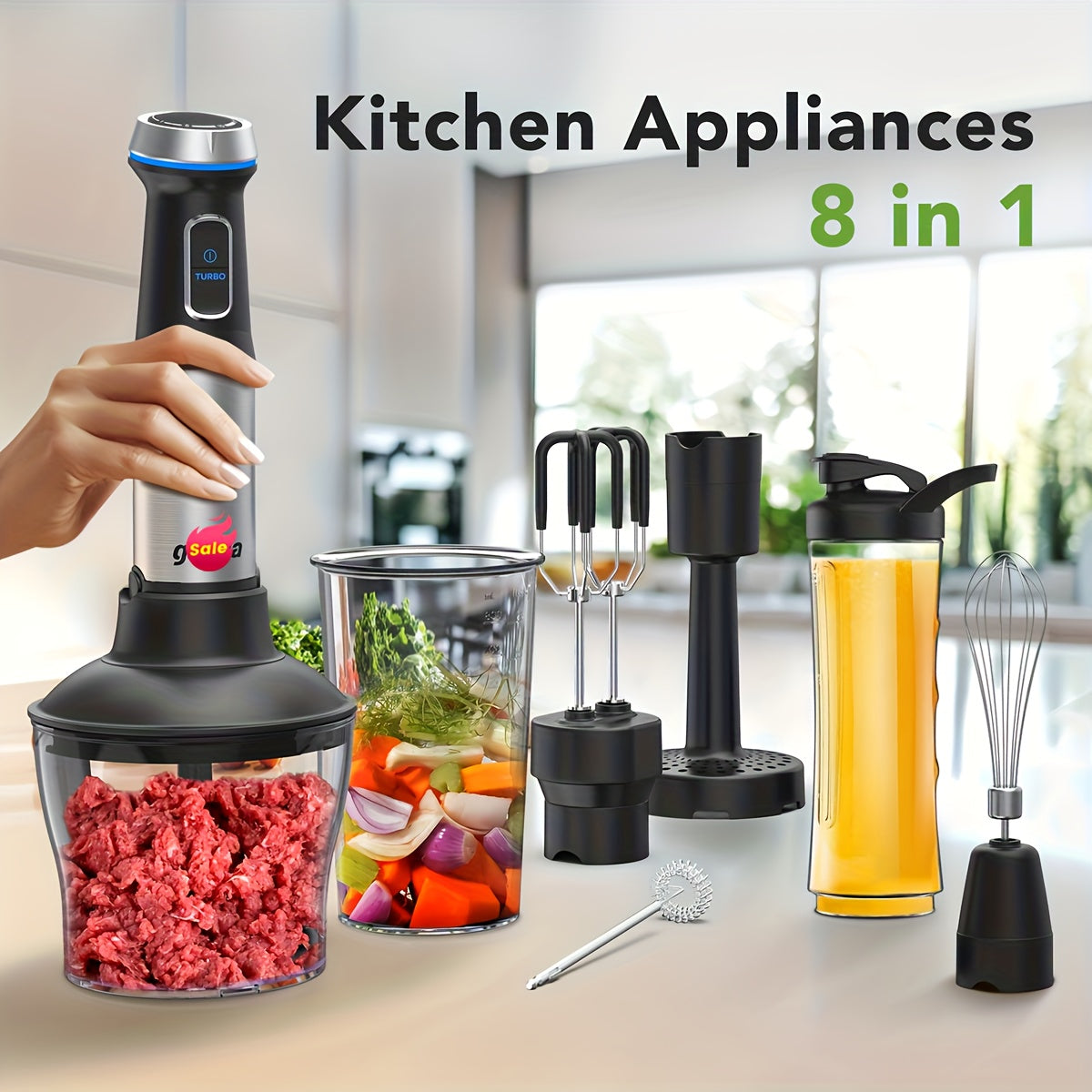 8 In 1 Immersion Blender, - 1000W Heavy Duty Motor, Meat Chopper, 16 Speed Mode Handheld Blender With Stainless Steel Shaft - Includes 8 Total Pieces, Kitchen Must Haves