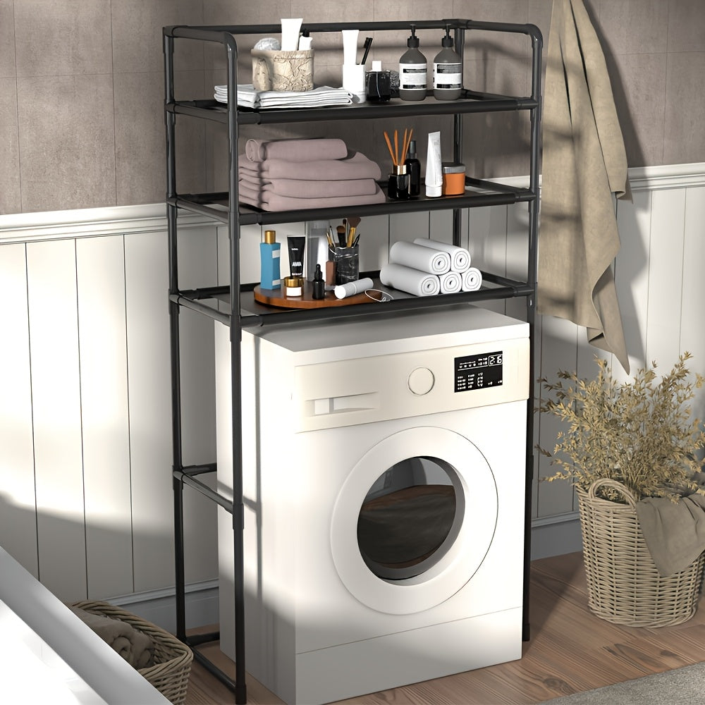 Space-Saving Metal and Plastic Laundry Rack - No Drilling Required, Multi-Tier Washing Machine Top Storage Box with Bathroom Organizer Shelves, Ideal for Towels, Toiletries and Dryer Accessories, Durable Metal Frame, Minimali