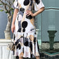 1pc Elegant Polyester Fitted Dress for Women, Spring Crew Neck Geometric Pattern, 100% Polyester Woven Fashion Dress