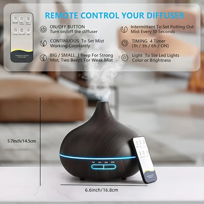 550ml Aromatherapy Essential Oil Diffuser Wood Grain Remote Control Ultrasonic Air Humidifier Cool 7 Color LED Light With 6 Oils