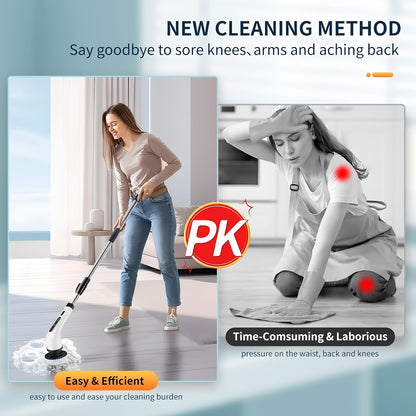 2025 Electric Rotary Scrubber, Rechargeable Cleaning Brush, Shower Scrubber with 9 Brush Heads, 2H Power Dual Speed, Adjustable Extended Handle, IPX7, for Tub Tile Floors Car, White Easter Gift