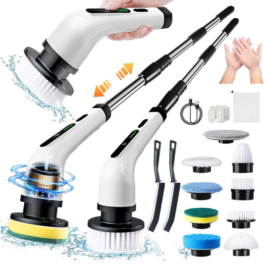 2025 Electric Rotary Scrubber, Rechargeable Cleaning Brush, Shower Scrubber with 9 Brush Heads, 2H Power Dual Speed, Adjustable Extended Handle, IPX7, for Tub Tile Floors Car, White Easter Gift