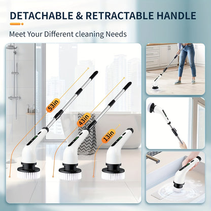 2025 Electric Rotary Scrubber, Rechargeable Cleaning Brush, Shower Scrubber with 9 Brush Heads, 2H Power Dual Speed, Adjustable Extended Handle, IPX7, for Tub Tile Floors Car, White Easter Gift
