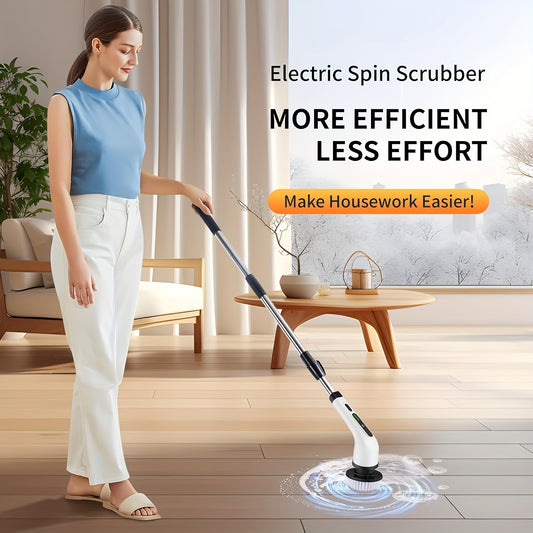 2025 Electric Rotary Scrubber, Rechargeable Cleaning Brush, Shower Scrubber with 9 Brush Heads, 2H Power Dual Speed, Adjustable Extended Handle, IPX7, for Tub Tile Floors Car, White Easter Gift