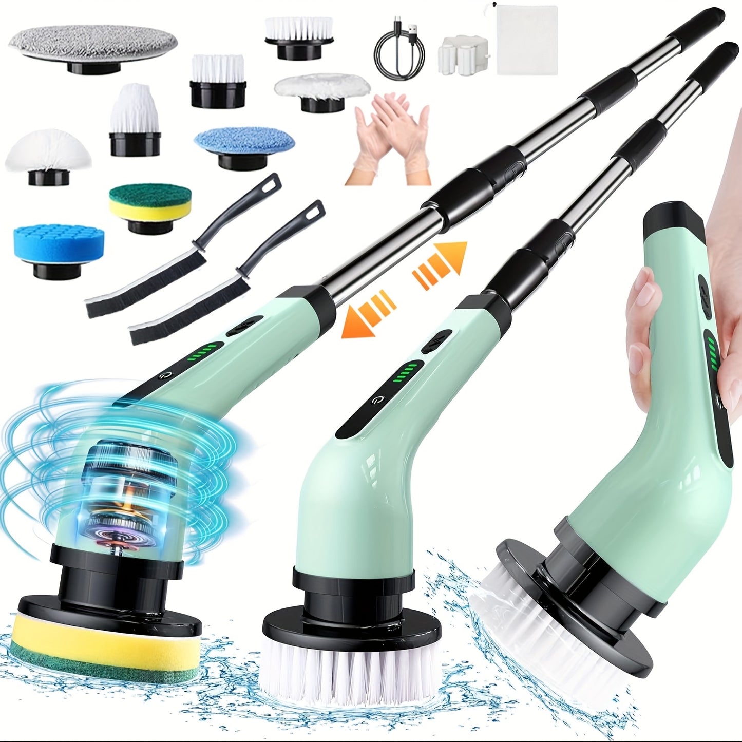 2025 Electric Rotary Scrubber, Rechargeable Cleaning Brush, Shower Scrubber with 9 Brush Heads, 2H Power Dual Speed, Adjustable Extended Handle, IPX7, for Tub Tile Floors Car, White Easter Gift