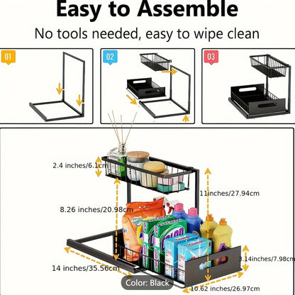 2 Tier Under Sink Organizers And Storage, Under Sink Organizer, Slide Out Pull Out Cabinet Organizer Shelf, Metal Sliding Drawer For Kitchen Bathroom Pantry Cabinet Closet Organization Rack