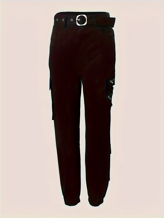 Zipper Pockets Belt Slim Pants, Casual Solid Color High Waist Pants For Spring & Summer, Women's Clothing