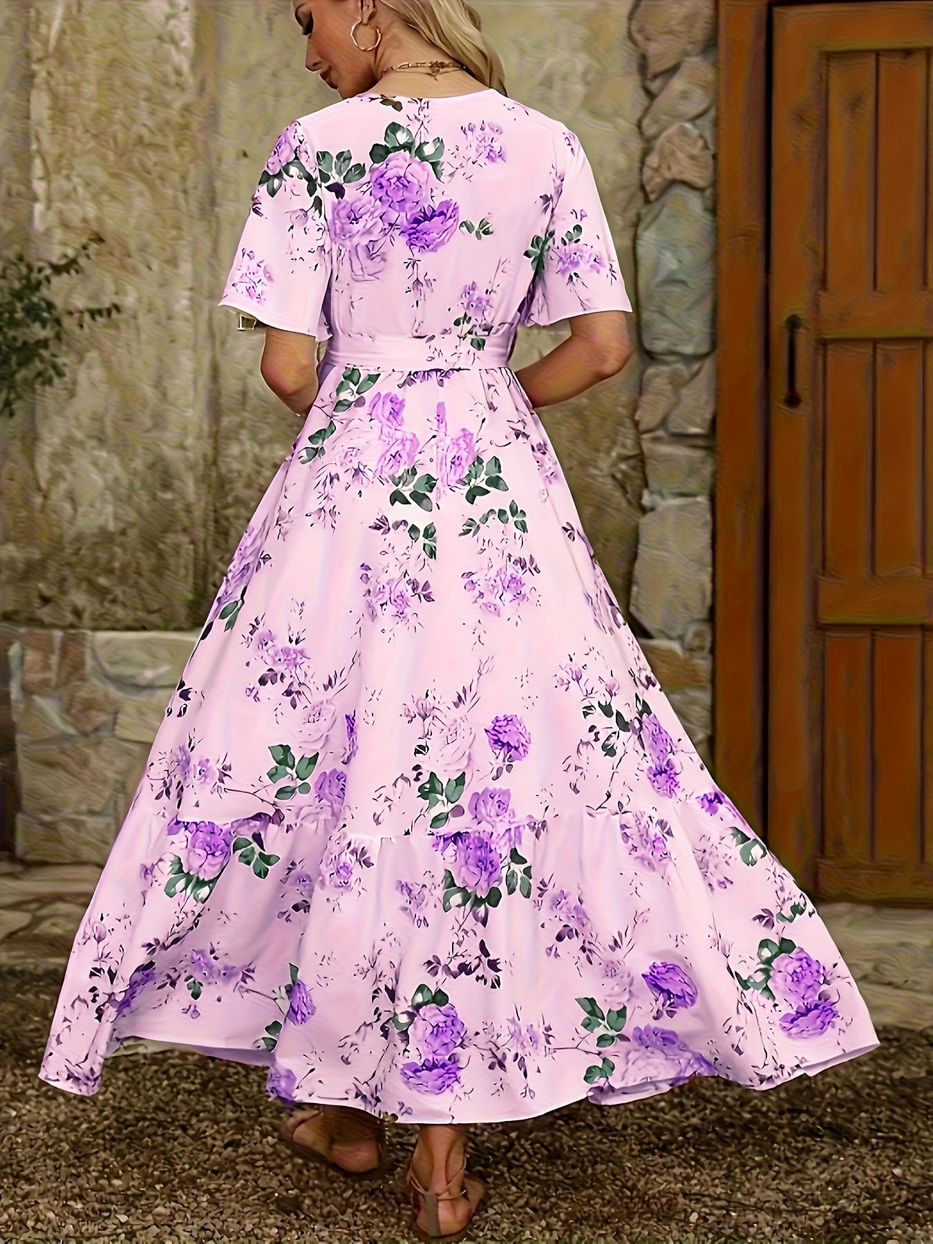 Women's Floral Print V-Neck Midi Dress with Adjustable Waist Belt - Sleeveless A-Line Long Dress for Spring Summer Fall, Machine Washable Elegant Casual to Formal Wear
