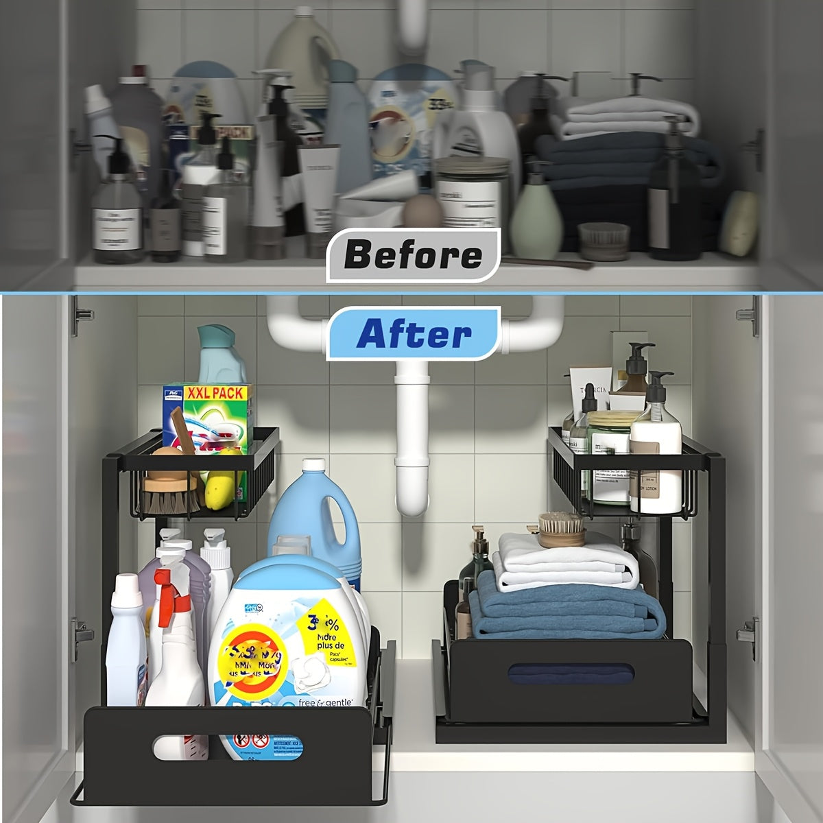 2 Tier Under Sink Organizers And Storage, Under Sink Organizer, Slide Out Pull Out Cabinet Organizer Shelf, Metal Sliding Drawer For Kitchen Bathroom Pantry Cabinet Closet Organization Rack