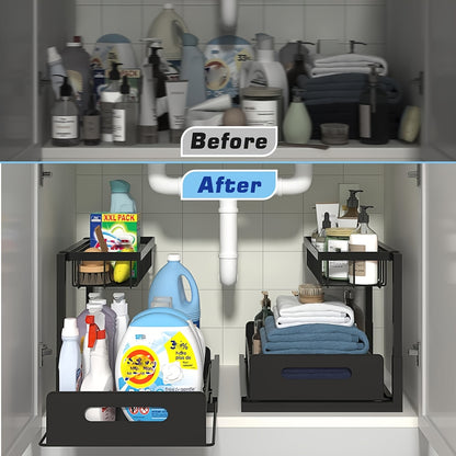 2 Tier Under Sink Organizers And Storage, Under Sink Organizer, Slide Out Pull Out Cabinet Organizer Shelf, Metal Sliding Drawer For Kitchen Bathroom Pantry Cabinet Closet Organization Rack