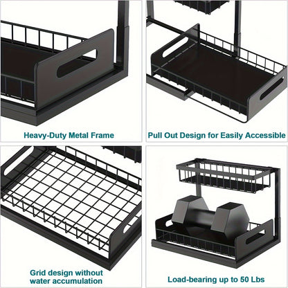 2 Tier Under Sink Organizers And Storage, Under Sink Organizer, Slide Out Pull Out Cabinet Organizer Shelf, Metal Sliding Drawer For Kitchen Bathroom Pantry Cabinet Closet Organization Rack