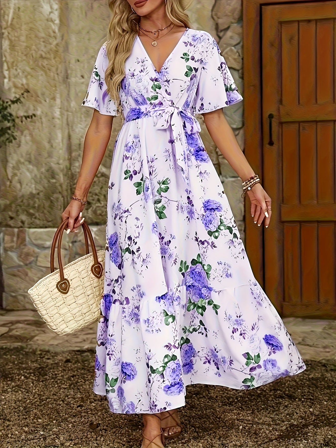 Women's Floral Print V-Neck Midi Dress with Adjustable Waist Belt - Sleeveless A-Line Long Dress for Spring Summer Fall, Machine Washable Elegant Casual to Formal Wear