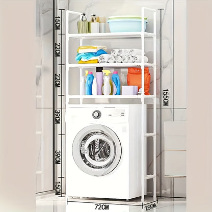 Space-Saving Metal and Plastic Laundry Rack - No Drilling Required, Multi-Tier Washing Machine Top Storage Box with Bathroom Organizer Shelves, Ideal for Towels, Toiletries and Dryer Accessories, Durable Metal Frame, Minimali