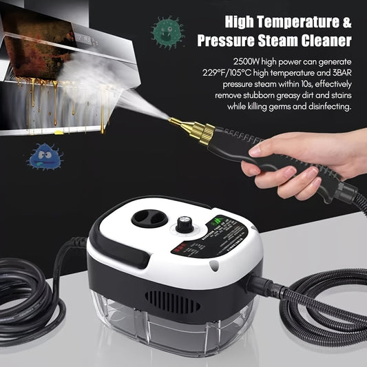 1pc 2500W High-Power Portable Handheld Steam Cleaner with Adjustable Temperature & Pressure - Quick Heating, 6 Brush Heads for Versatile Cleaning in Kitchens, Bathrooms, Furniture & Cars - US Plug, Large Capacity Water Tank,