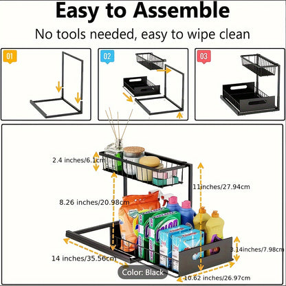 2 Tier Under Sink Organizers And Storage, Under Sink Organizer, Slide Out Pull Out Cabinet Organizer Shelf, Metal Sliding Drawer For Kitchen Bathroom Pantry Cabinet Closet Organization Rack