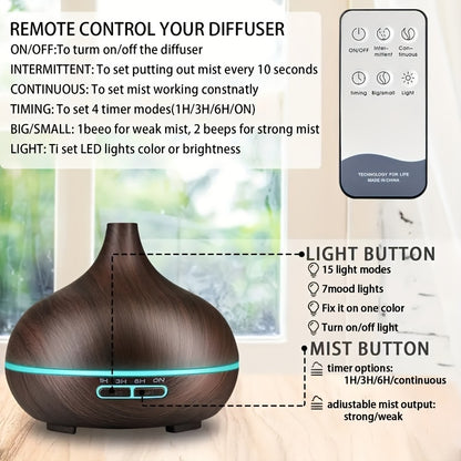 550ml Aromatherapy Essential Oil Diffuser Wood Grain Remote Control Ultrasonic Air Humidifier Cool 7 Color LED Light With 6 Oils