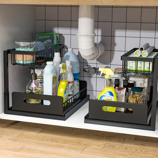 2 Tier Under Sink Organizers And Storage, Under Sink Organizer, Slide Out Pull Out Cabinet Organizer Shelf, Metal Sliding Drawer For Kitchen Bathroom Pantry Cabinet Closet Organization Rack