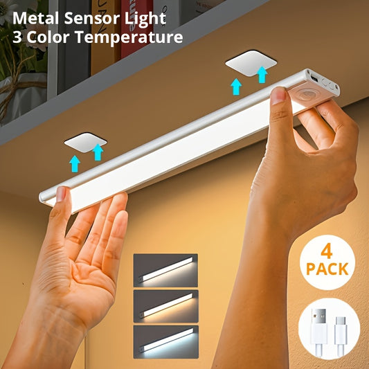 2/4pcs LED Motion Sensor Under Cabinet Lights, 3 Color Temperatures Wireless USB Rechargeable Night Light, Indoor Closet Lights, Stick-On Anywhere Magnetic Under-Counter Light Fixtures for Kitchen Cabinet Wardrobe Cupboard St