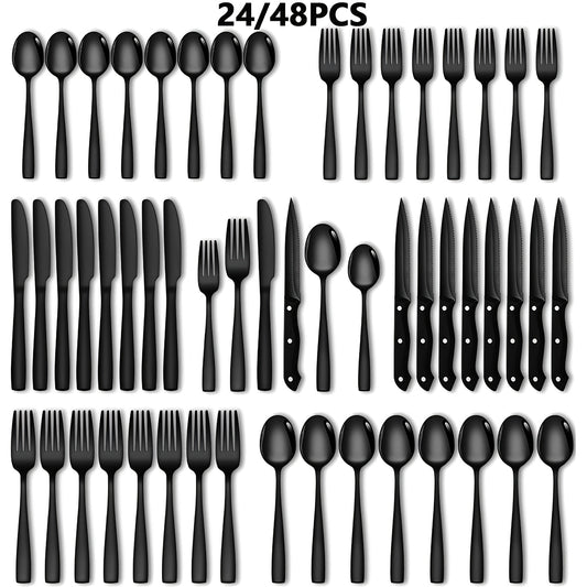 24/48pcs Stainless Steel Flatware Set, Mirror Polish Families Hotels Knives Forks Spoons Cutlery Set with Gift Box for 8 Persons, Durable, Mirror Polished, Dishwasher Safe, Perfect for Parties, Weddings, Banquets