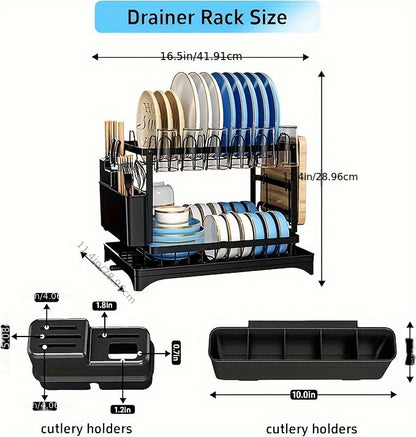 2-Tier Large Dish Drying Rack with Drainboard - Stainless Steel Space-Saving Kitchen Counter Organizer for Dishes, Knives, Cups, Cutting Boards - Black, Household Dish Drainer | Modern Kitchen Rack | Durable Metal Constructio