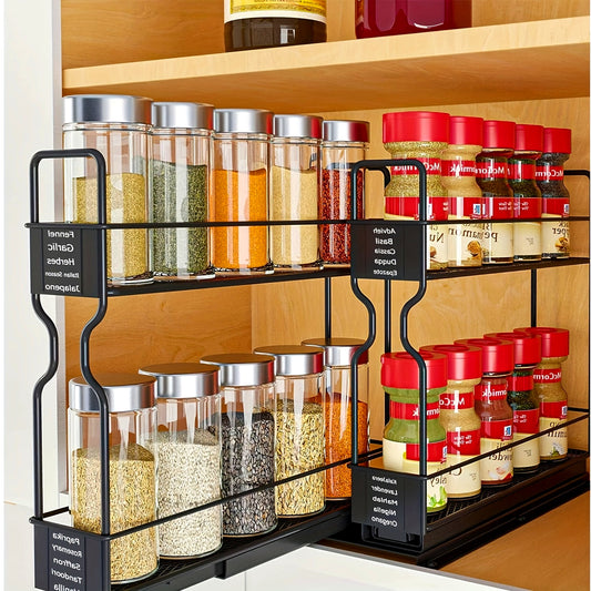 2-Tier Spice Rack Organizer For Cabinets, Heavy Duty Slide Out Design With Labels, 5.2" W X 10.75" D X 10" H, No Jars