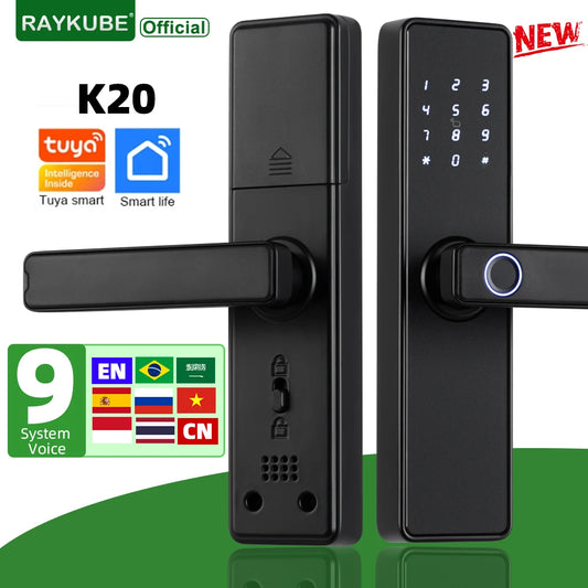 RAYKUBE K20 9-language Biometric Fingerprint Door Lock Electronic Door Lock with  Tuya APP/IC Card/Password/ Key Unlock