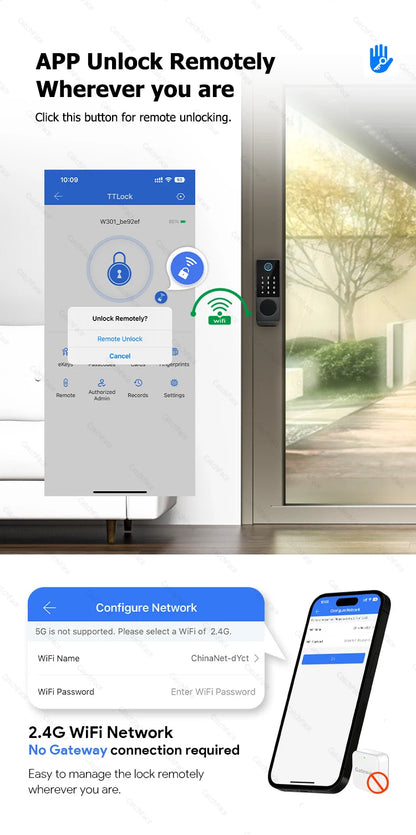 TTLock WIFI Version Built In Gateway Fingerprint Waterproof Outdoor Gate Passcode Rfid Card Keyless Smart Door Lock