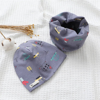 Autumn Winter Cotton Knit Children's Hat Collar 2 Set Boys and Girls Hats Set Baby Solid Color Scarf Cap two-piece