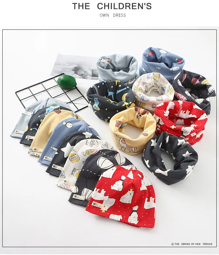 Autumn Winter Cotton Knit Children's Hat Collar 2 Set Boys and Girls Hats Set Baby Solid Color Scarf Cap two-piece