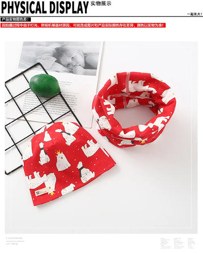 Autumn Winter Cotton Knit Children's Hat Collar 2 Set Boys and Girls Hats Set Baby Solid Color Scarf Cap two-piece
