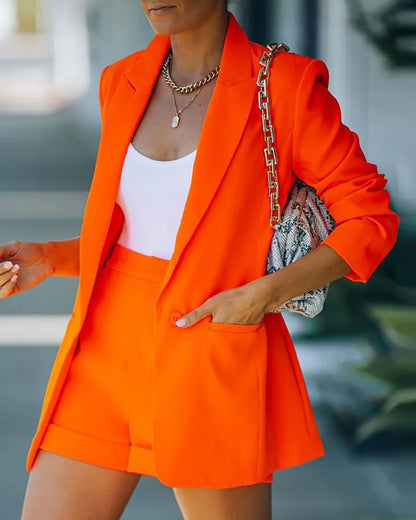 2025 Elegant Two Piece Blazer Suit Sets Women OL Office Sets Slim Cardigan Blazer Shorts Solid 2 Piece Set Casual Blazers Set
