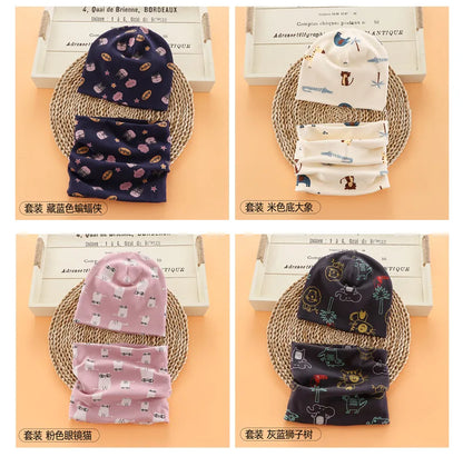 Autumn Winter Cotton Knit Children's Hat Collar 2 Set Boys and Girls Hats Set Baby Solid Color Scarf Cap two-piece