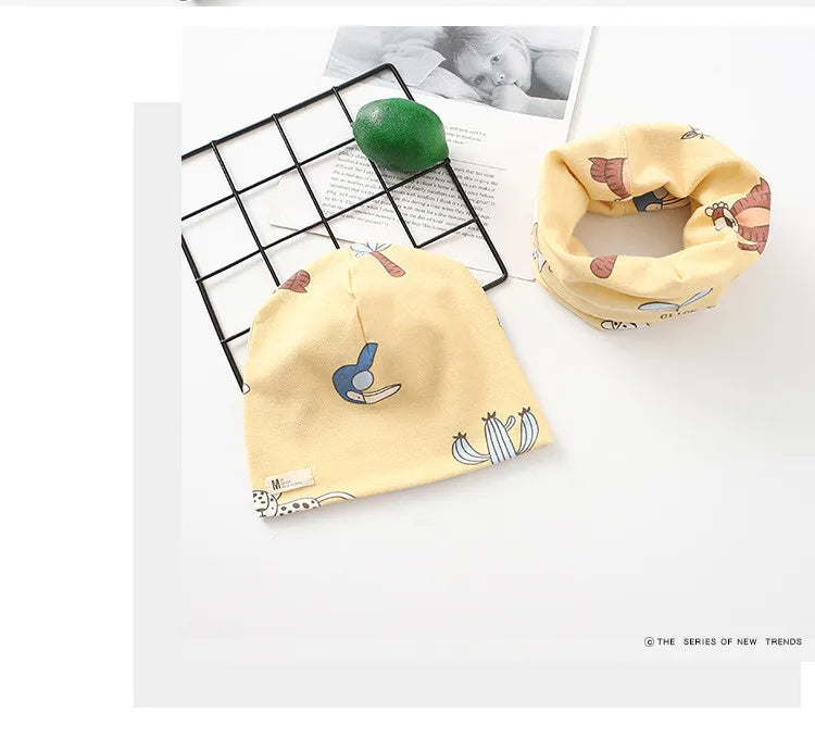 Autumn Winter Cotton Knit Children's Hat Collar 2 Set Boys and Girls Hats Set Baby Solid Color Scarf Cap two-piece