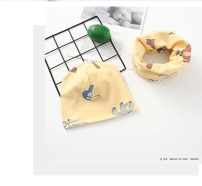 Autumn Winter Cotton Knit Children's Hat Collar 2 Set Boys and Girls Hats Set Baby Solid Color Scarf Cap two-piece