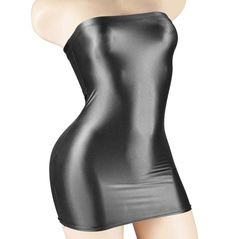 Sexy Oil Satin Glossy Shiny Sheer Micro Mini Dress See Through Bodycon Sexy Tight Pencil Cute Dress Smooth Bandage Dress Club