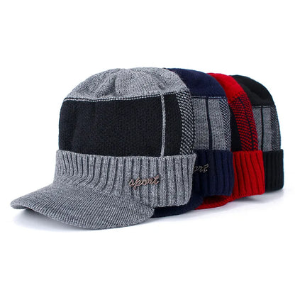 New Unisex Warm Winter Hat With Brim Add Fur Lined Beanie Hat Sports Label Thicken Winter Hats For Men Women Knitted Hat