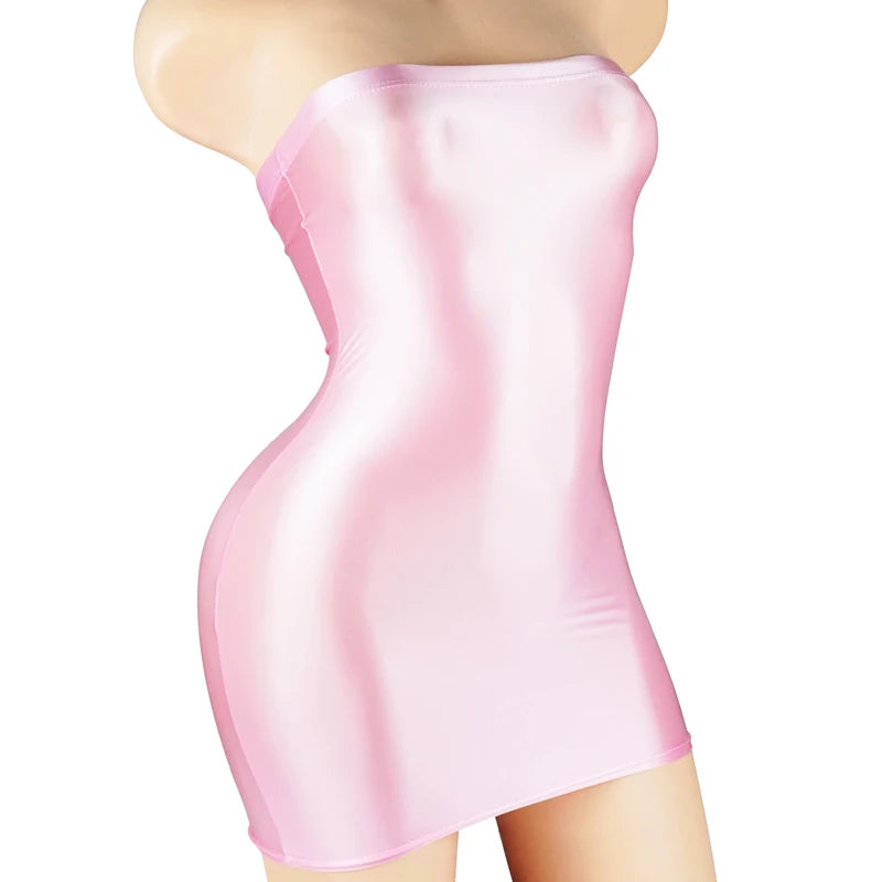 Sexy Oil Satin Glossy Shiny Sheer Micro Mini Dress See Through Bodycon Sexy Tight Pencil Cute Dress Smooth Bandage Dress Club