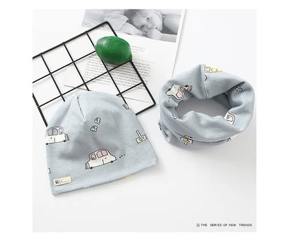 Autumn Winter Cotton Knit Children's Hat Collar 2 Set Boys and Girls Hats Set Baby Solid Color Scarf Cap two-piece