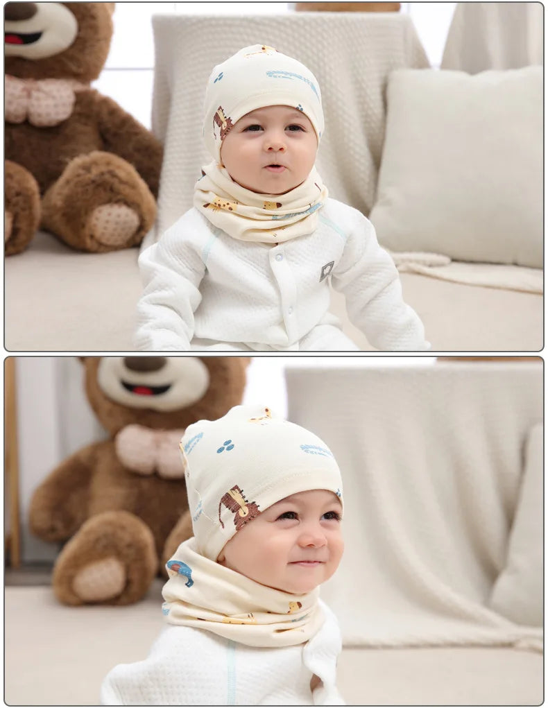 Autumn Winter Cotton Knit Children's Hat Collar 2 Set Boys and Girls Hats Set Baby Solid Color Scarf Cap two-piece