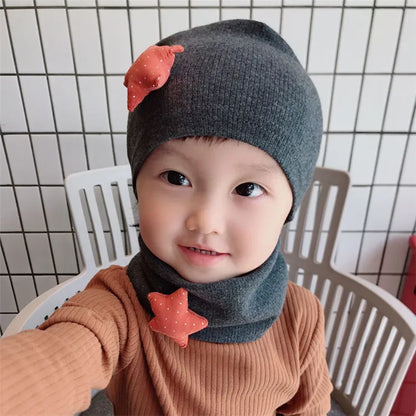 Autumn Winter Cotton Knit Children's Hat Collar 2 Set Boys and Girls Hats Set Baby Solid Color Scarf Cap two-piece