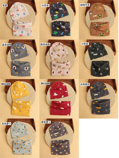 Autumn Winter Cotton Knit Children's Hat Collar 2 Set Boys and Girls Hats Set Baby Solid Color Scarf Cap two-piece