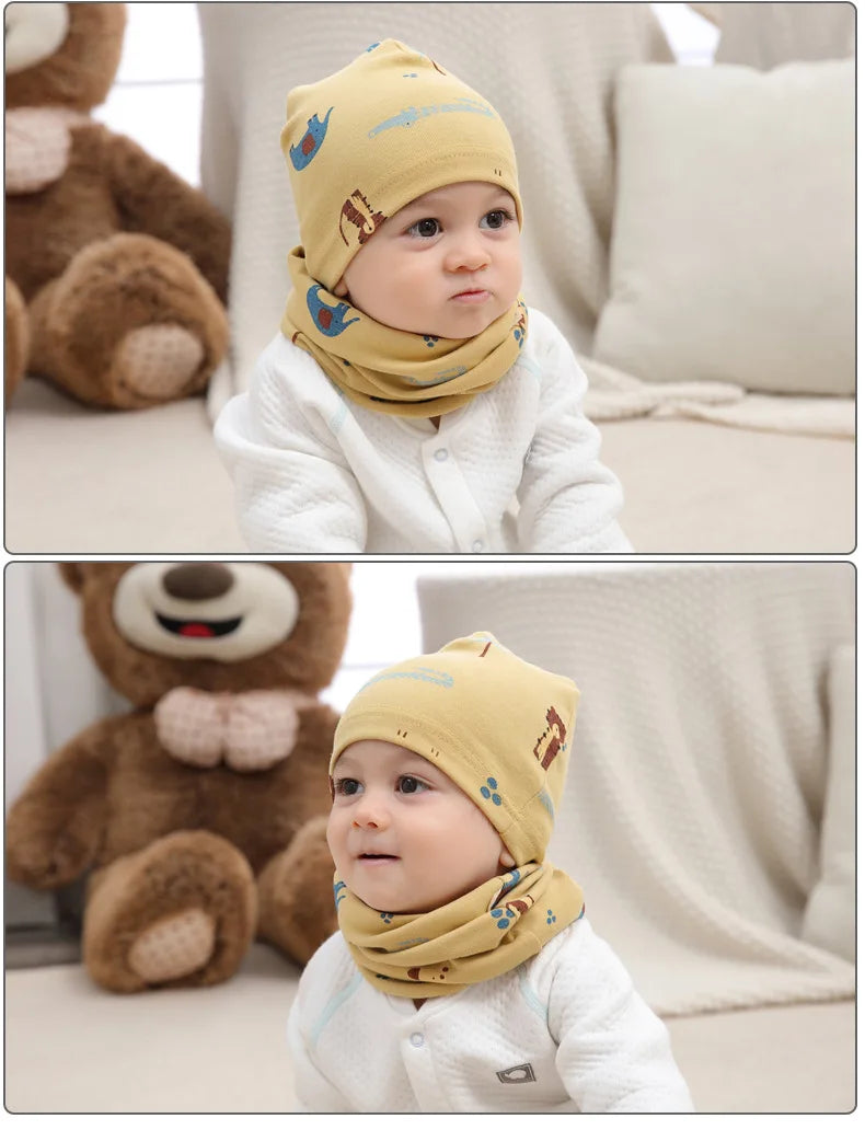 Autumn Winter Cotton Knit Children's Hat Collar 2 Set Boys and Girls Hats Set Baby Solid Color Scarf Cap two-piece