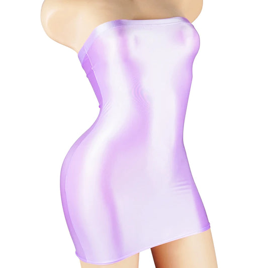 Sexy Oil Satin Glossy Shiny Sheer Micro Mini Dress See Through Bodycon Sexy Tight Pencil Cute Dress Smooth Bandage Dress Club
