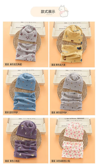 Autumn Winter Cotton Knit Children's Hat Collar 2 Set Boys and Girls Hats Set Baby Solid Color Scarf Cap two-piece