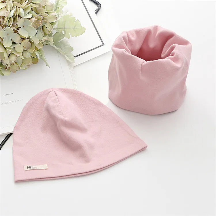 Autumn Winter Cotton Knit Children's Hat Collar 2 Set Boys and Girls Hats Set Baby Solid Color Scarf Cap two-piece