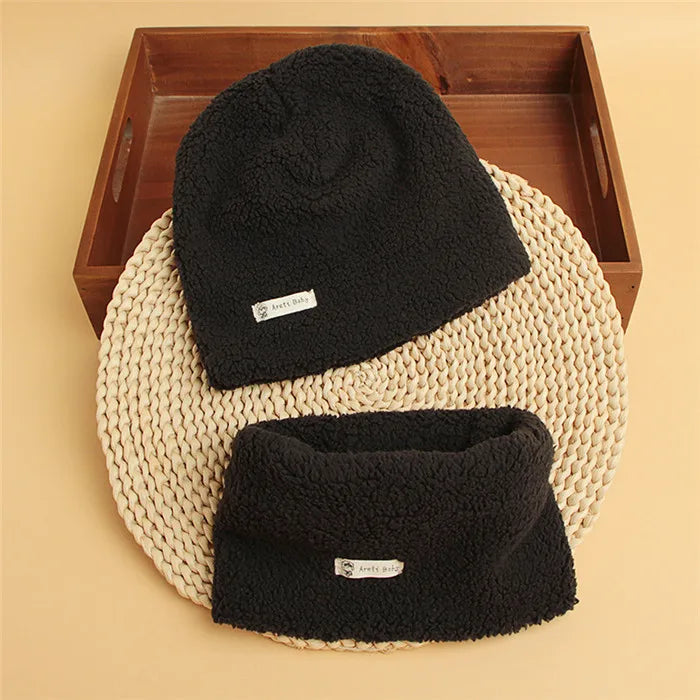Autumn Winter Cotton Knit Children's Hat Collar 2 Set Boys and Girls Hats Set Baby Solid Color Scarf Cap two-piece