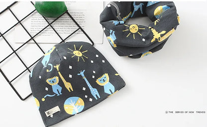 Autumn Winter Cotton Knit Children's Hat Collar 2 Set Boys and Girls Hats Set Baby Solid Color Scarf Cap two-piece
