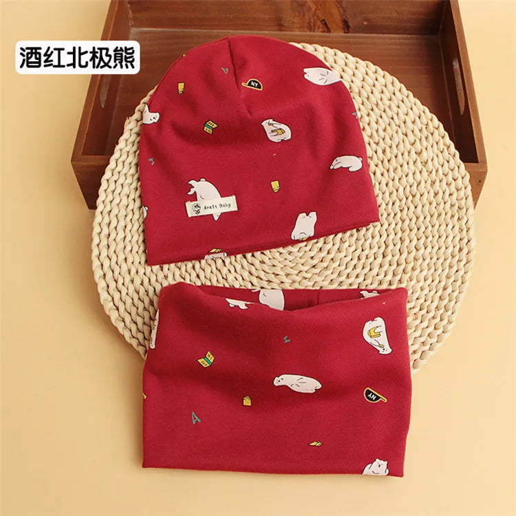 Autumn Winter Cotton Knit Children's Hat Collar 2 Set Boys and Girls Hats Set Baby Solid Color Scarf Cap two-piece