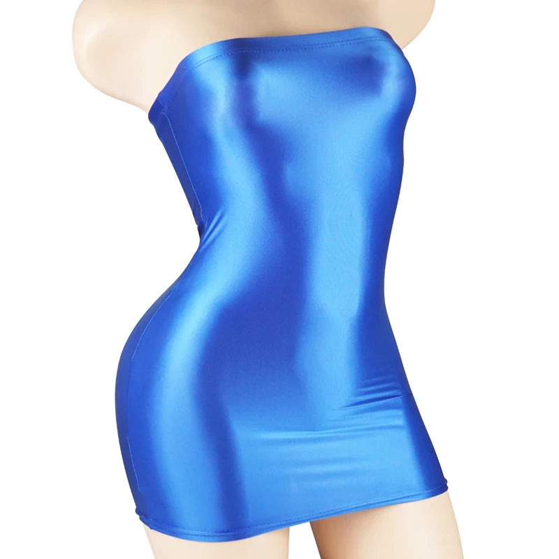 Sexy Oil Satin Glossy Shiny Sheer Micro Mini Dress See Through Bodycon Sexy Tight Pencil Cute Dress Smooth Bandage Dress Club